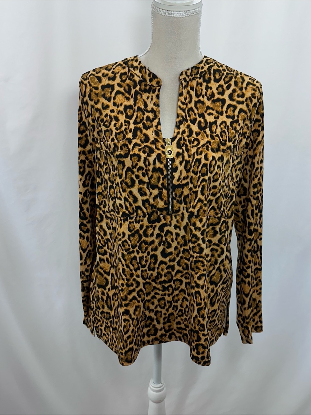 MICHAEL Michael Kors Leopard Print Zip-Front Blouse - Brown/Black
